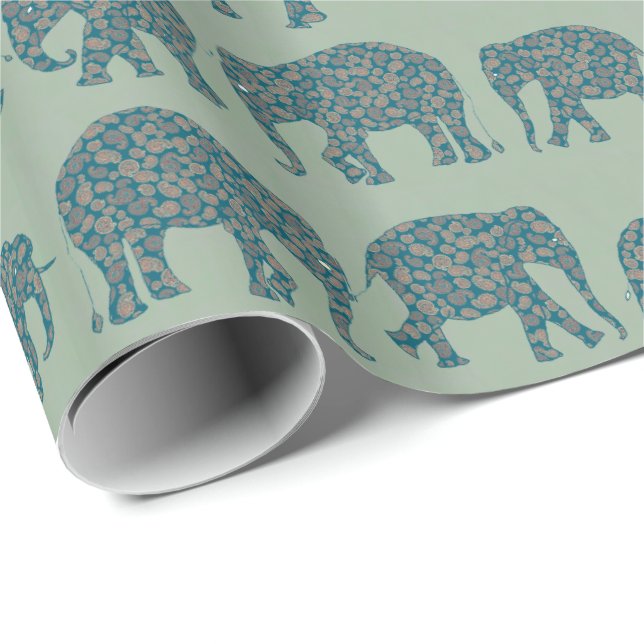 Rangs d'éléphants Paisley sur papier cadeau vert s (Coin rond)