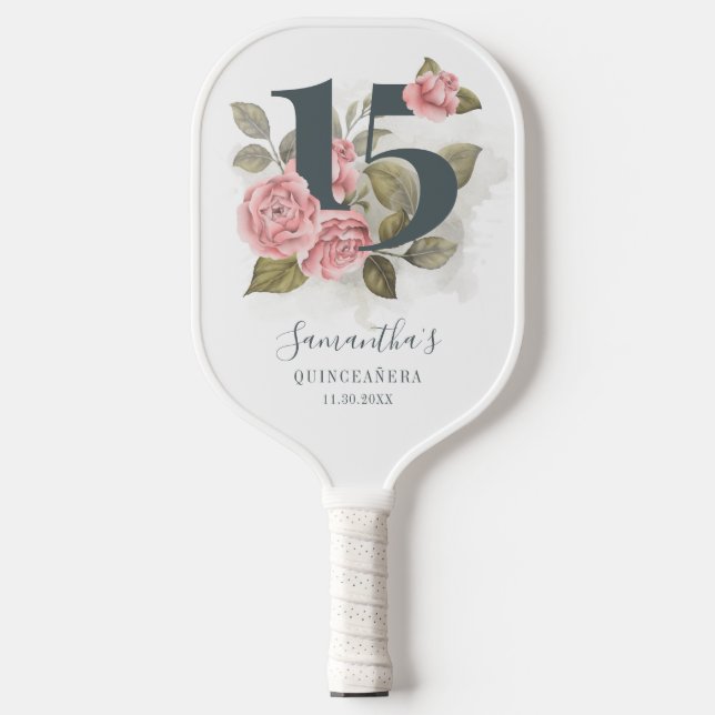 Raquette De Pickleball 15e anniversaire Quinceanera rose floral (Recto)