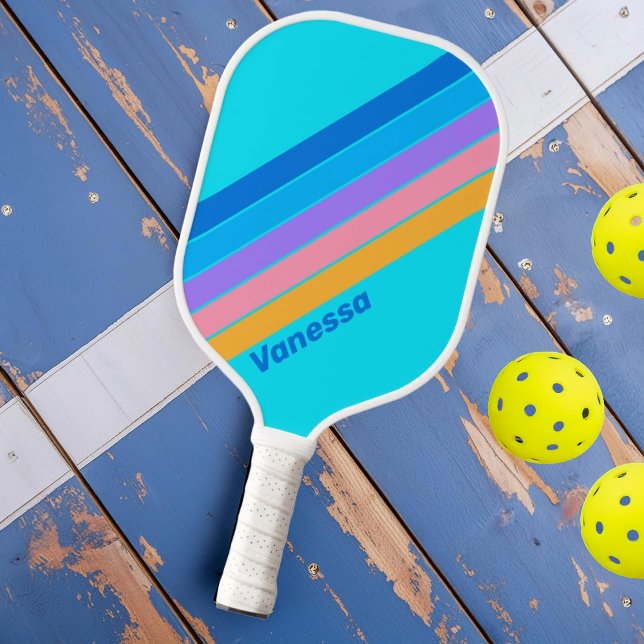 Raquette De Pickleball 80s Neon Ocean Sky rayé avec le nom (Créateur téléchargé)