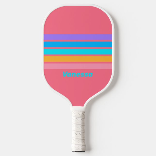 Raquette De Pickleball 80s Neon Sunrise Across Striping avec le nom (Recto)