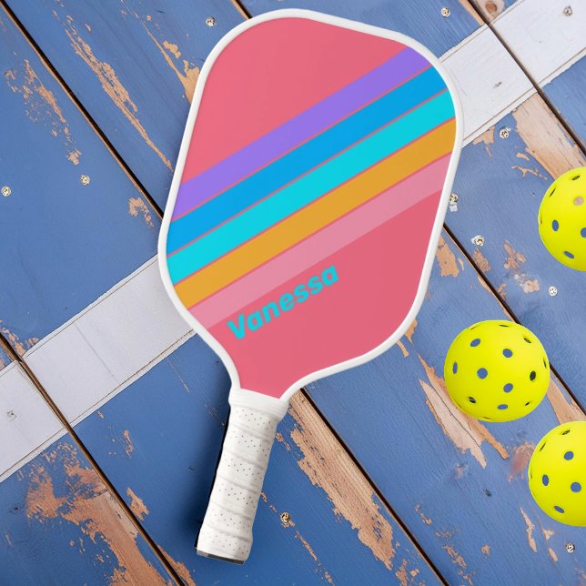 Raquette De Pickleball 80s Neon Sunrise rayé avec le nom (Créateur téléchargé)