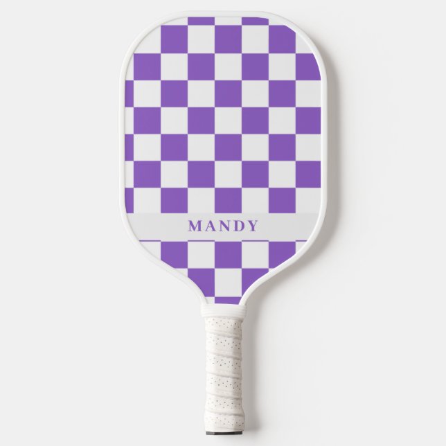 Raquette de Pickleball à damier violet avec nom pe (Recto)