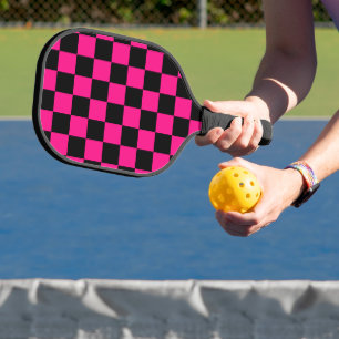 Raquette De Pickleball à damiers carré rose chaud noir rétro géométrique