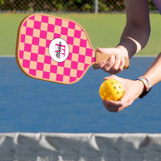 Raquette De Pickleball à damiers pêche rose chaud rétro (Insitu)