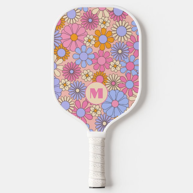Raquette de pickleball à monogramme floral rétro  (Recto)