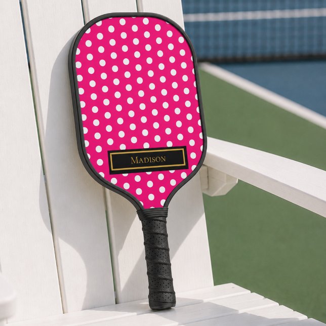 Raquette de Pickleball à pois roses (cute girly pink white polka dot pickleball paddle with custom monogram name)