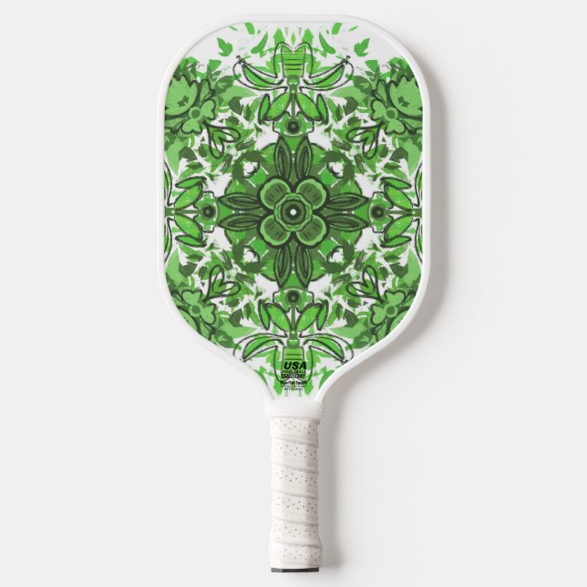 Raquette De Pickleball Abstract Floral Pattern In Black & Green On White (Recto)