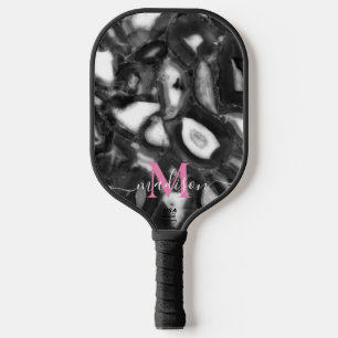 Raquette De Pickleball Abstrait Black White agates script de code monogra