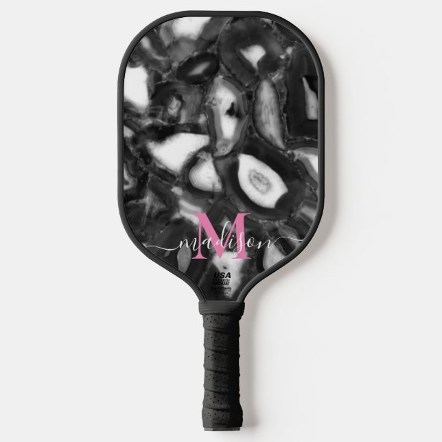 Raquette De Pickleball Abstrait Black White agates script de code monogra (Recto)