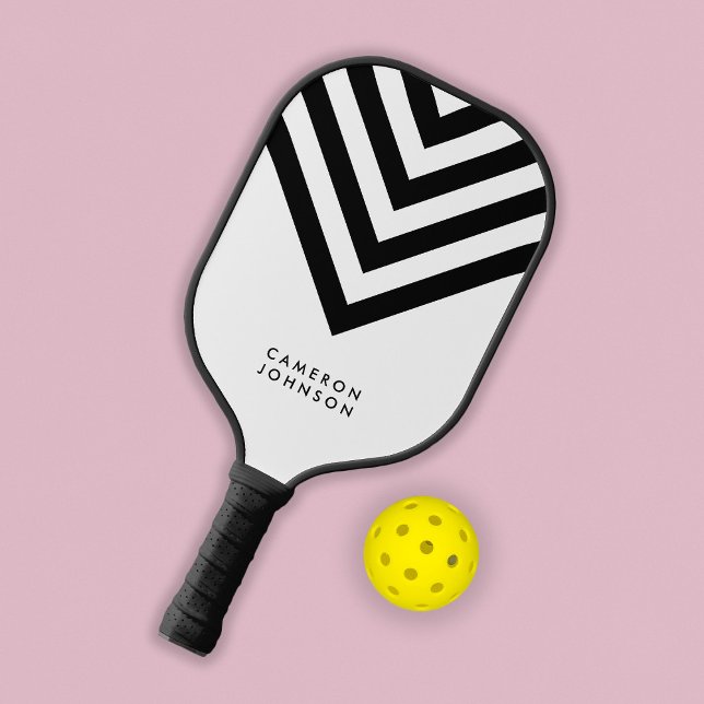 Raquette De Pickleball Add Name White and Black Minimalist Chevron (Créateur téléchargé)