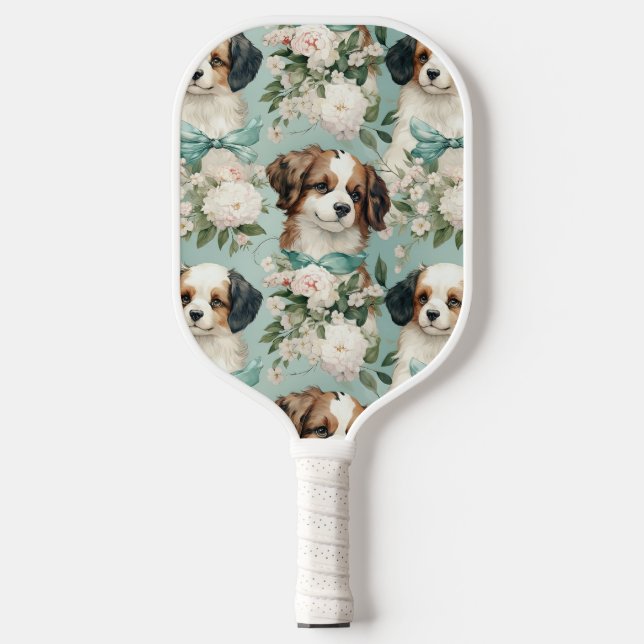 Raquette De Pickleball Adorable chiot sur Sage Green Arrière - plan (Recto)