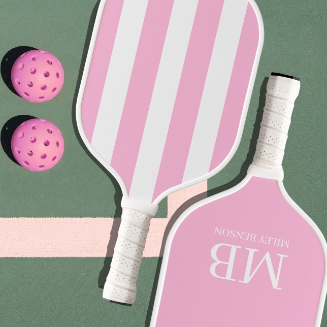 Raquette De Pickleball Aesthétique Country Club Pink Stripes Monogramme m (Old money aesthetic gift - personalized pink pickleball paddle)