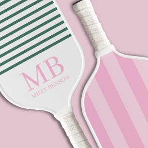 Raquette De Pickleball Aesthétique Country Club Pink Stripes Monogramme m