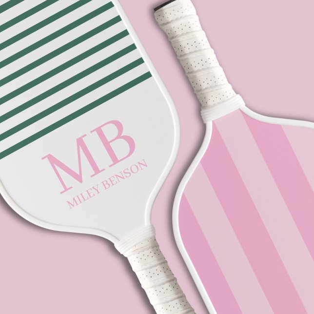 Raquette De Pickleball Aesthétique Country Club Pink Stripes Monogramme m (Pink & Green Country Club Old Money Aesthetic Personalized Pickleball Paddle Unique Bridal Gift)