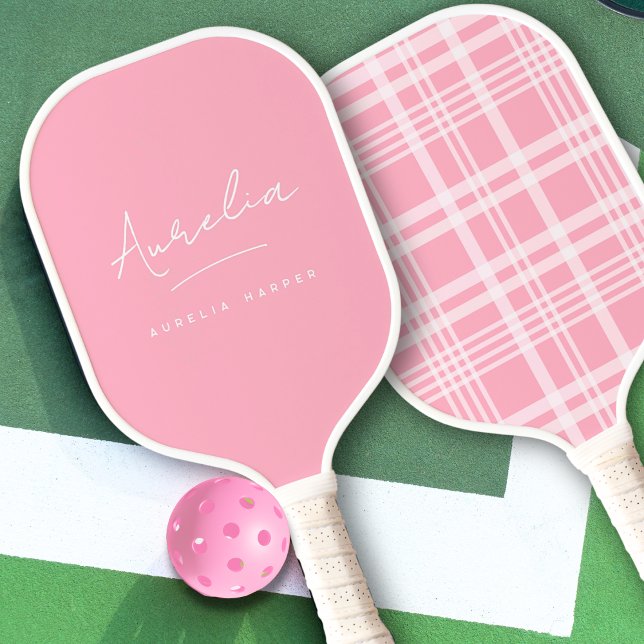 Raquette De Pickleball Aesthétique Country Club Pink Stripes Plaid Monogr (Créateur téléchargé)