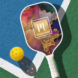 Raquette De Pickleball Agate Aquarelle Or Monogrammé Violet Vert Bleu