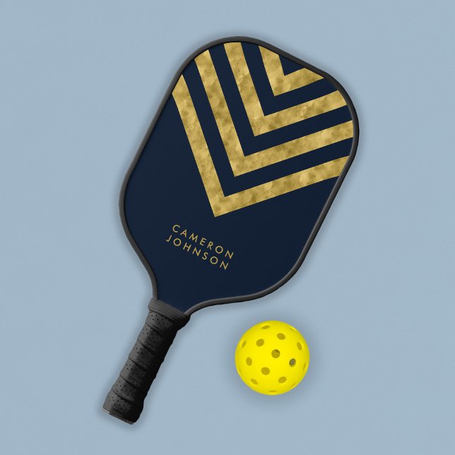 Raquette De Pickleball Ajouter le nom Dark Blue et Faux Gold Chevron (Créateur téléchargé)