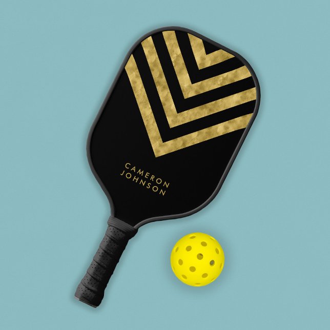 Raquette De Pickleball Ajouter un nom Chevron Noir et Or Faux (Créateur téléchargé)
