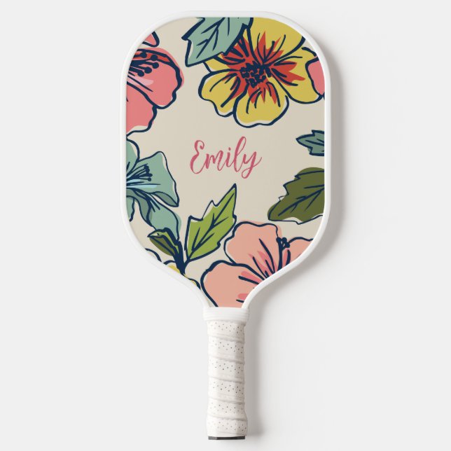 Raquette De Pickleball Aloha Hawaiian Flowers avec nom personnalisé (Recto)