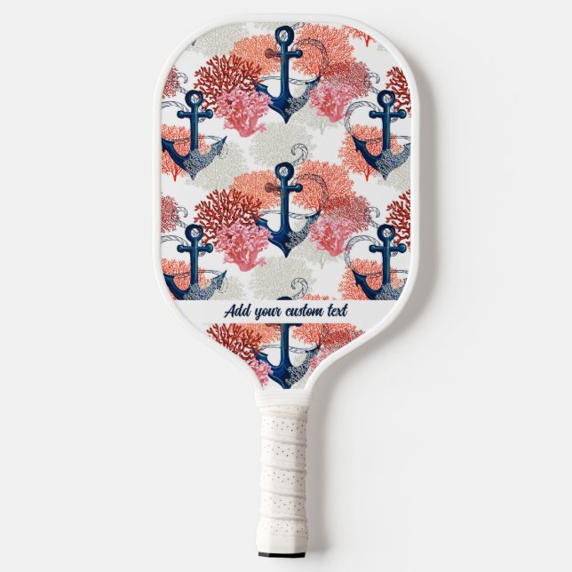 Raquette De Pickleball Ancre bleue marine Corail Motif texte personnalisé (Verso)