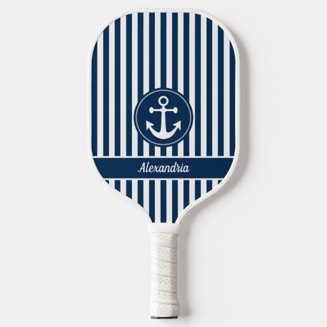 Raquette De Pickleball Ancre nautique avec corde Marine Bleu Stripes Pers (Recto)