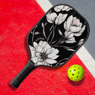 Raquette De Pickleball Anémone Élégante Fleurale Nom Personnalisé Noir