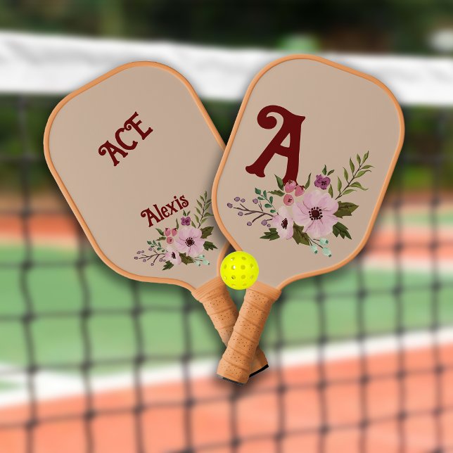 Raquette De Pickleball Antique Floral Personnalisé Nom du monogramme (Créateur téléchargé)