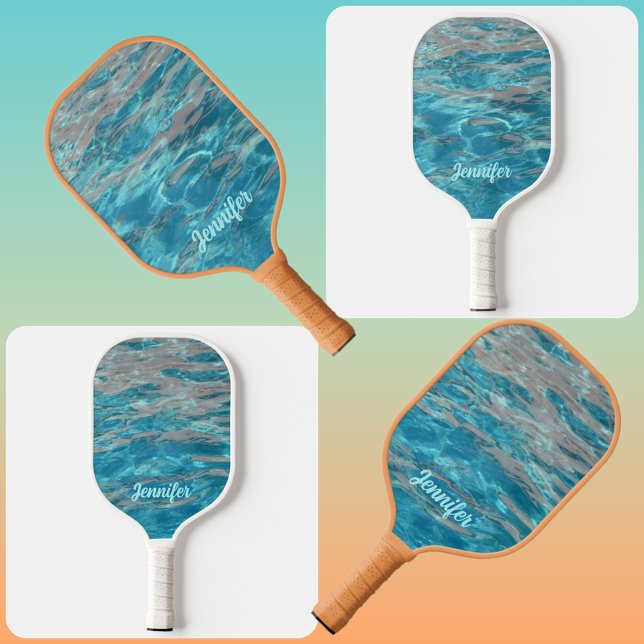 Raquette De Pickleball Aqua Blue et Coral Eau tropicale avec nom (Créateur téléchargé)