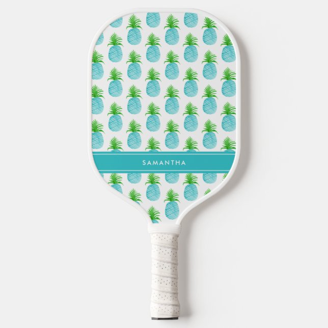 Raquette De Pickleball Aquarelle bleu turquoise Ananas Nom personnalisé (Recto)