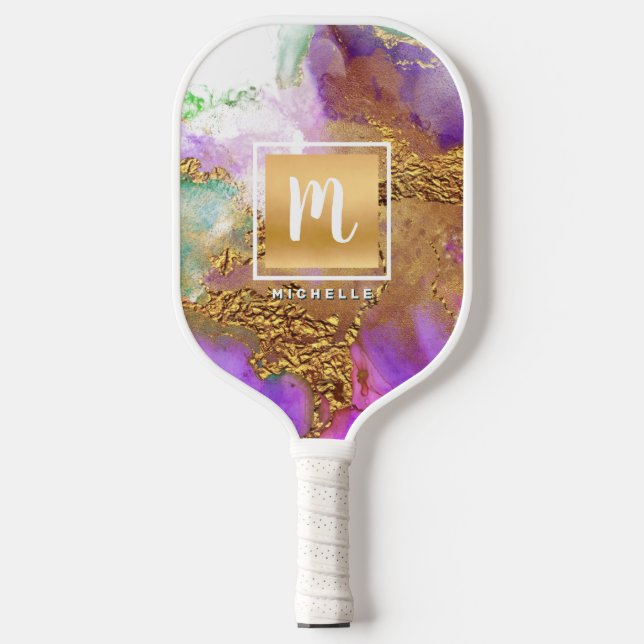 Raquette De Pickleball Aquarelle de marbre monogramme or huile violet ros (Recto)