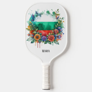 Raquette De Pickleball Aquarelle Drapeau bulgare Floral Wreath Folklore