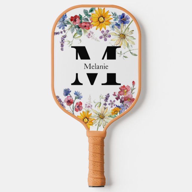 Raquette De Pickleball Aquarelle Fleur sauvage rustique Monogramme (Recto)