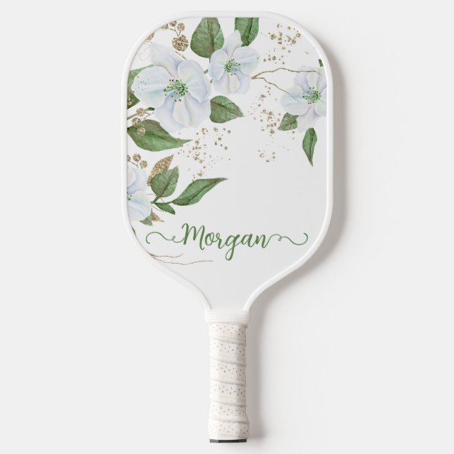 Raquette De Pickleball Aquarelle Florale blanche Parties scintillant or N (Recto)
