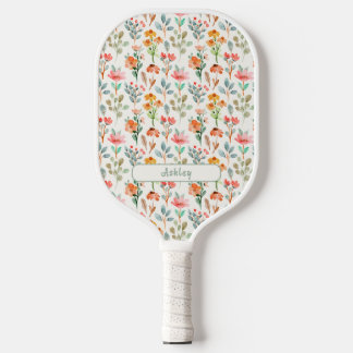 Raquette De Pickleball Aquarelle florale motif de fleurs sauvages et nom
