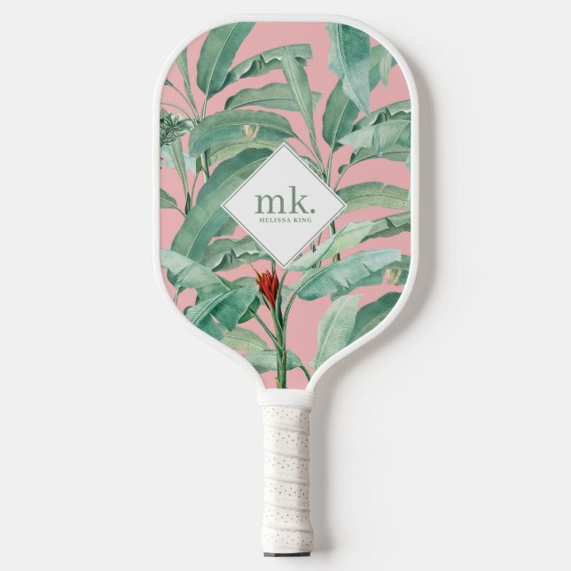 Raquette De Pickleball Aquarelle rose banane tropicale Feuilles Monogramm (Recto)