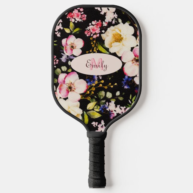 Raquette De Pickleball Aquarelle rose Roses jaunes sur noir, Monogramme (Recto)