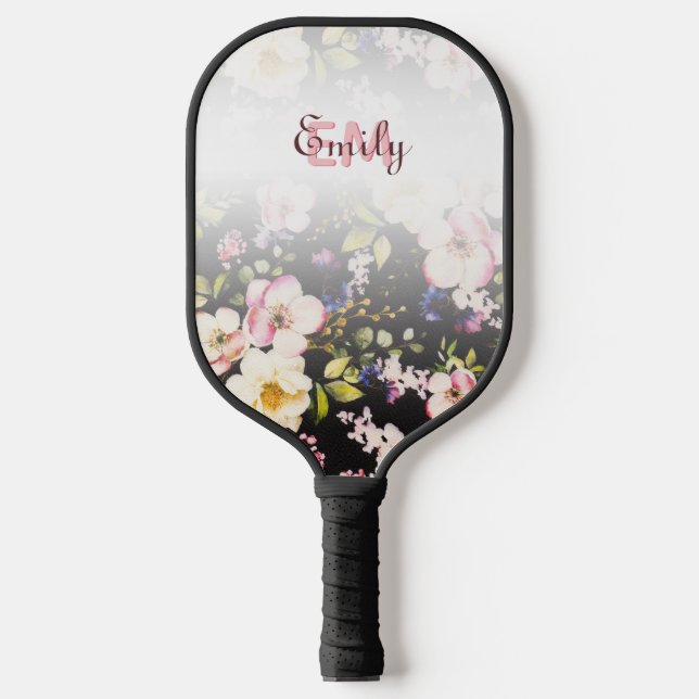 Raquette De Pickleball Aquarelle rose Roses jaunes sur noir, Monogramme (Recto)