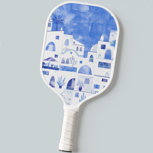 Raquette De Pickleball Aquarelle Santorin Grèce (Créateur téléchargé)