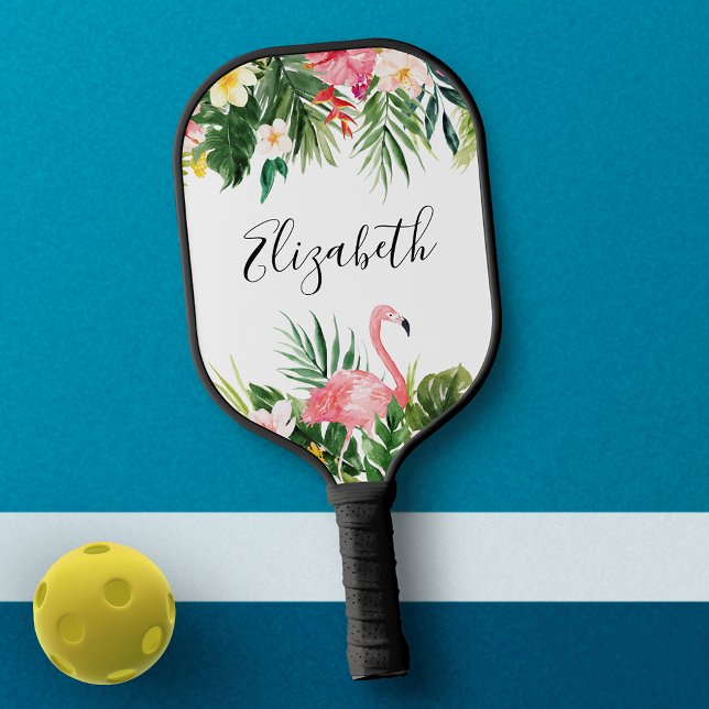 Raquette De Pickleball Aquarelle Tropical Floral rose Nom du Flamant rose (Choose your handle color.)
