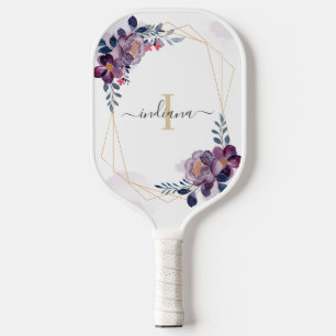 Raquette De Pickleball Aquarelle violette Floral Monogramme Nom du script