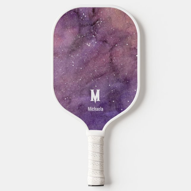 Raquette De Pickleball Aquarelle violette Galaxie Monogramme (Recto)