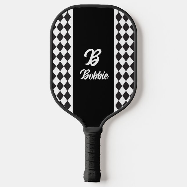 Raquette De Pickleball Argyle noir et blanc monochrome  (Verso)
