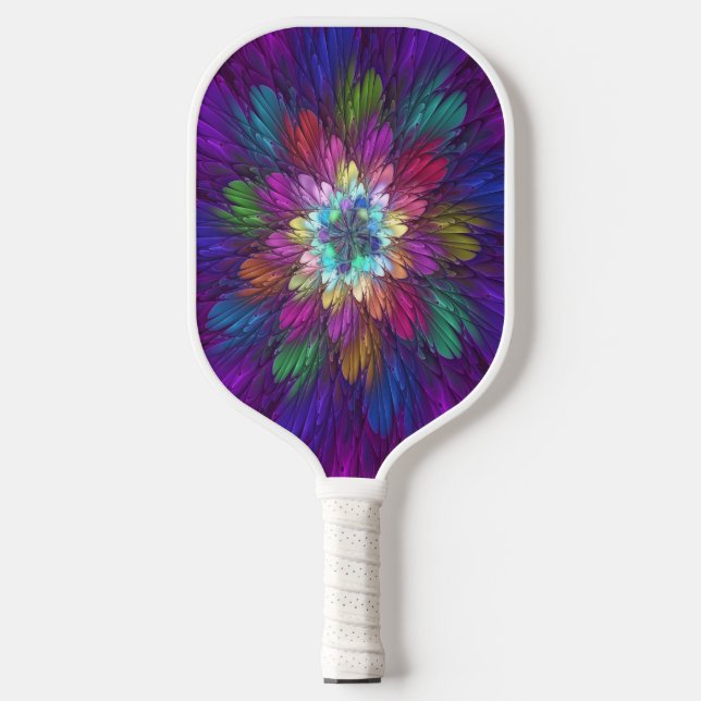 Raquette De Pickleball Art abstrait fractal de fleurs psychédéliques colo (Recto)