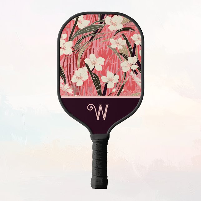 Raquette De Pickleball Asian Floral Pink Peach White Chinoiserie Monogram (Créateur téléchargé)
