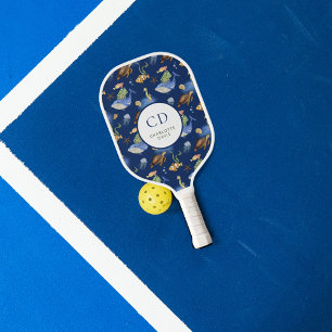 Raquette De Pickleball Baleines tortues océan mer bleu blanc monogramme