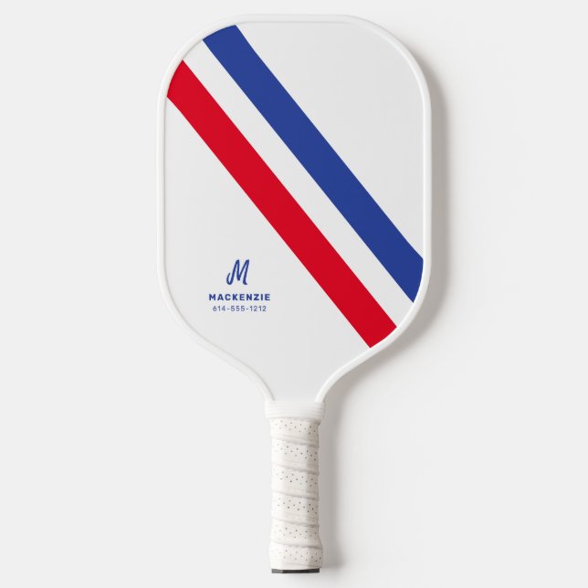 Raquette De Pickleball Bande rétro rouge blanc et bleu Monogramme (Recto)