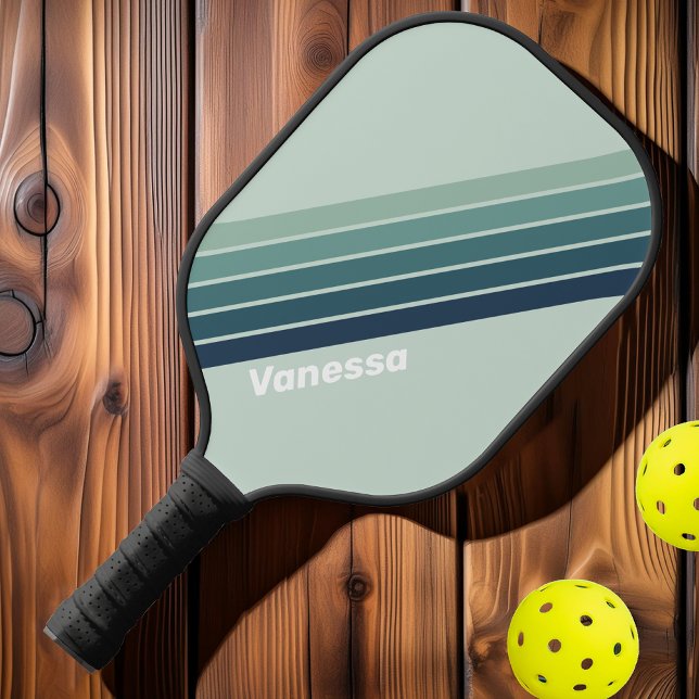 Raquette De Pickleball Bandes nostalgiques vert océan avec nom (Créateur téléchargé)