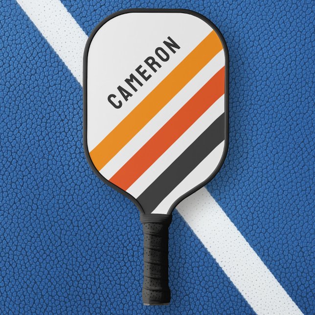 Raquette De Pickleball Bandes rétro grises et orange (Gray and orange diagonal retro stripes white pickleball paddle)