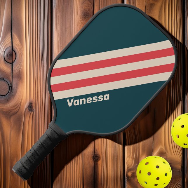 Raquette De Pickleball Bandes Vibe Turquoises rétro avec nom (Créateur téléchargé)