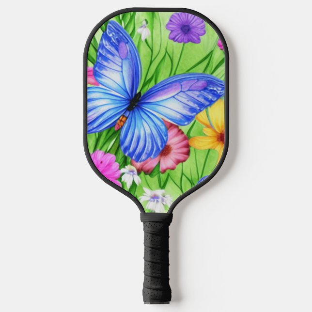 Raquette De Pickleball Beau Papillon Bleu avec fleurs Aquarelle (Recto)